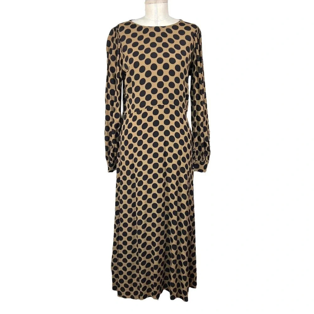 Rachel Pally Polka Dot Puff Sleeve Midi Dress Tan Black‎ Size Medium